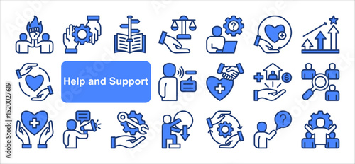 Help and support icon collection set. Containing assistance, service, aid, desk, guidance, relief, backing icon. Simple line vector.