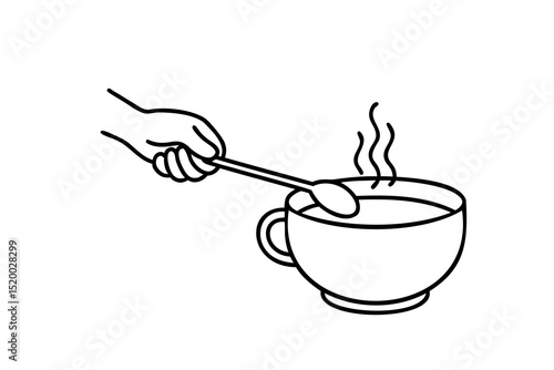 Hand stirring hot beverage in a mug lineart illustration