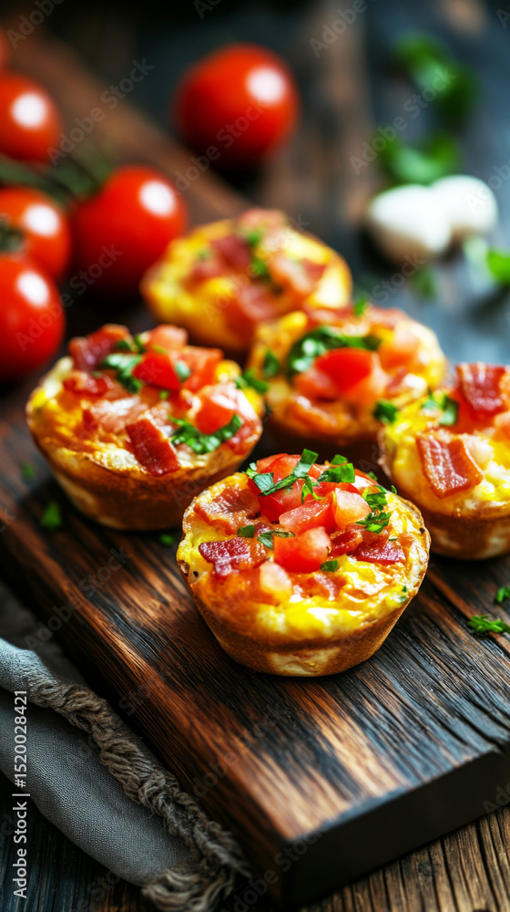 Savory mini egg muffins are topped with crispy bacon and fresh tomatoes, beautifully arranged on a wooden board. Perfect for a delightful breakfast gathering or brunch Savory mini egg muffins are topped with crispy bacon and fresh tomatoes, beautifully arranged on a wooden board. Perfect for a delightful breakfast gathering or brunch