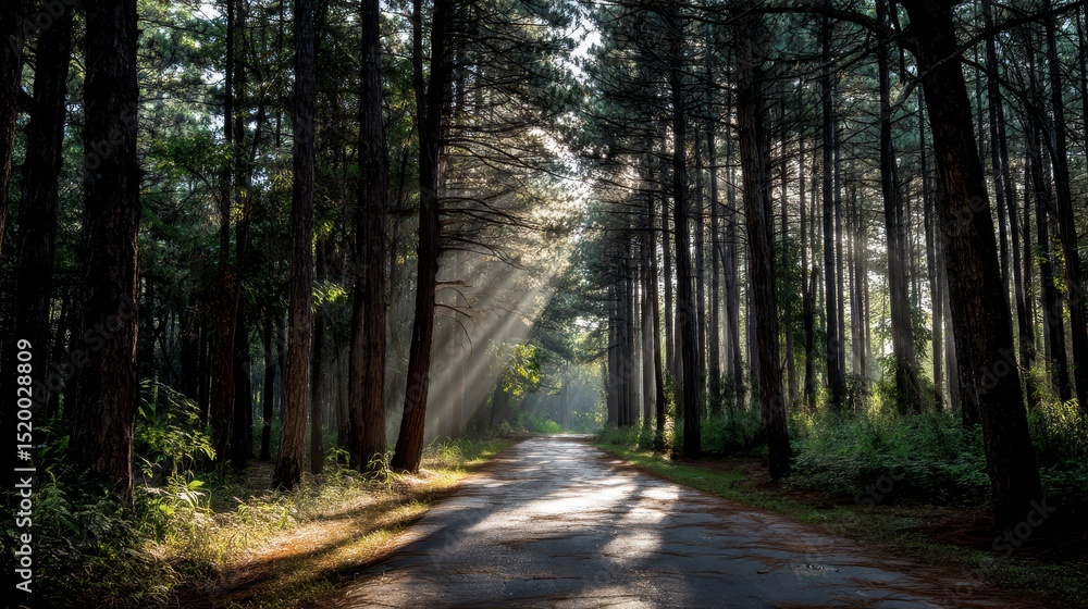 Obraz premium Sunbeams Filtering Through Pine Trees on a Forest Path