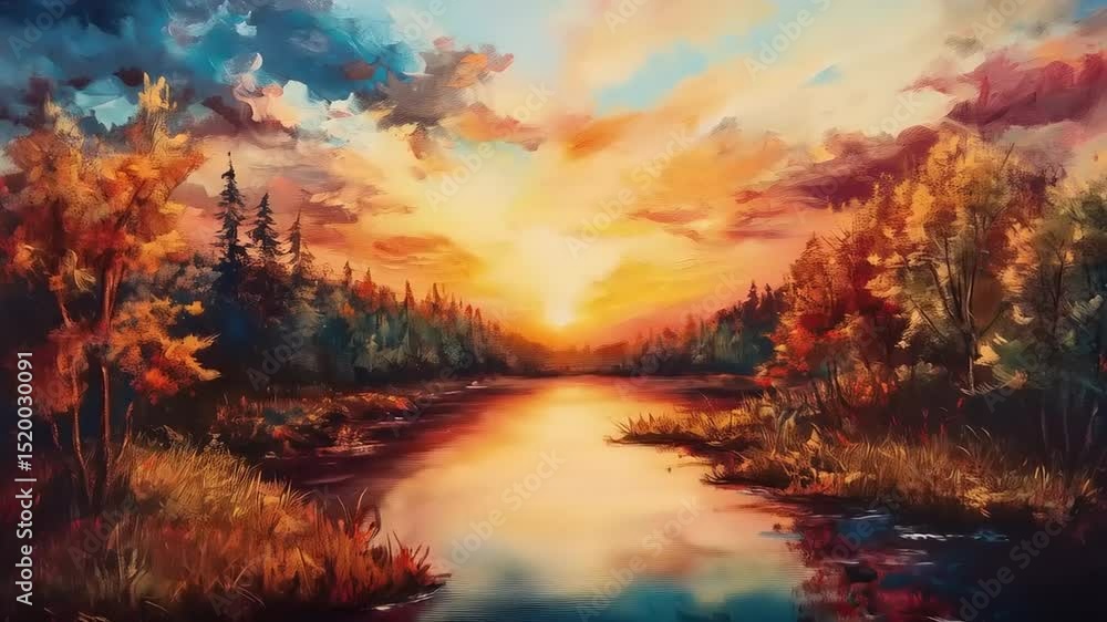 Ethereal autumnal landscape with warm sunset light reflection over serene waters Ethereal autumnal landscape with warm sunset light reflection over serene waters