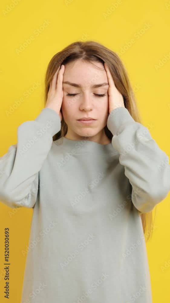 Young woman suffering from headache on yellow background Young woman suffering from headache on yellow background