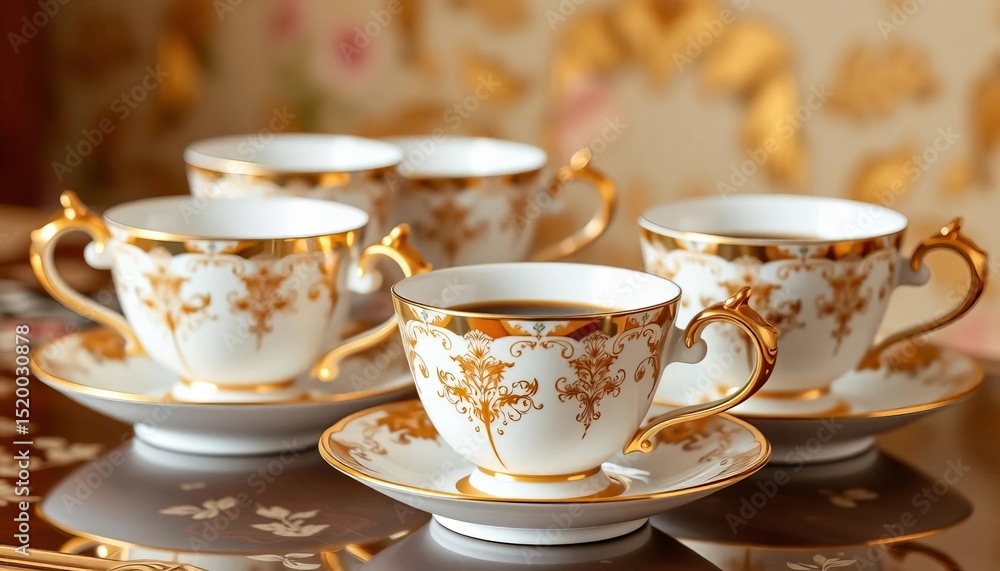 Elegant coffee cup set, porcelain, various sizes, gold trim, crockery, drinkware Elegant coffee cup set, porcelain, various sizes, gold trim, crockery, drinkware