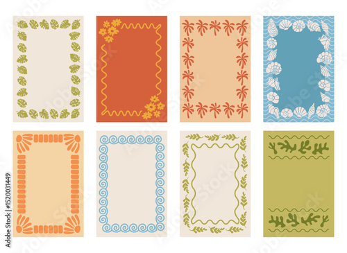 Summer frames in linocut style. Hand drawn tropical leaves, trees for borders. Vector summer posters