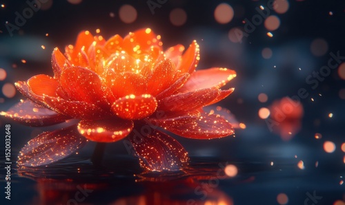 Glowing red lotus flower on dark water, mystical bokeh background, spiritual serenity, meditation
