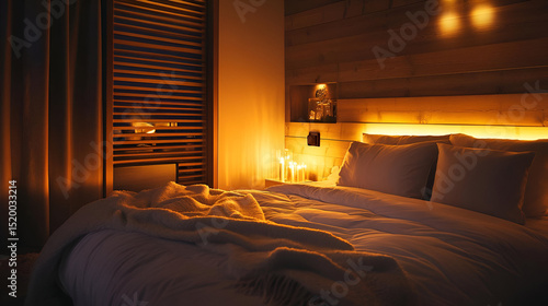 A cozy modern bedroom with soft, plush bedding, dim lighting, and natural wood elements