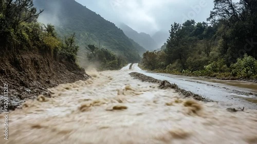 Powerful floodwater rushing over road after torrential rainfall near mountain forests