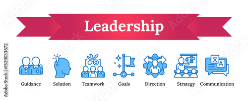 Blue fill outline leadership icon set featuring guidance, goal, teamwork, strategy, and communication symbols, ideal for business, management, and organizational visuals