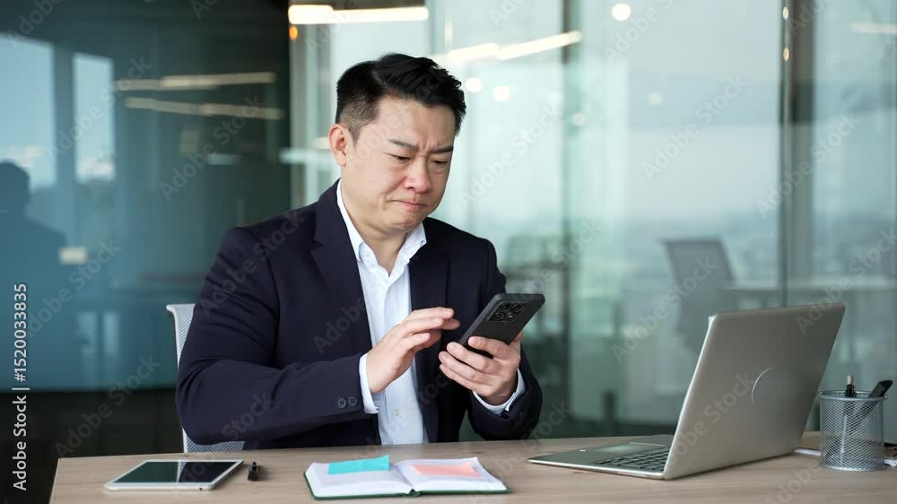 Worried asian businessman having problems with software or service on smartphone mobile phone at workplace in business office. Frustrated disappointed worker complains about bad internet connection Worried asian businessman having problems with software or service on smartphone mobile phone at workplace in business office. Frustrated disappointed worker complains about bad internet connection
