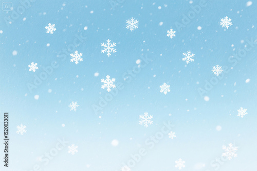 A digital artwork of a serene winter scene, featuring a light blue gradient background with a subtle texture. The image is filled with small white snowflakes, giving the impression of falling snow. Th