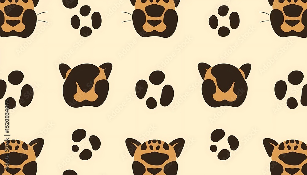 Obraz premium Cute animal pattern featuring jaguar heads and paw prints seamless design vector background art print 100