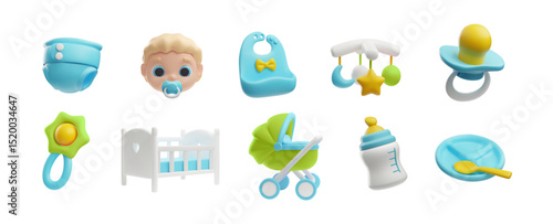 Set of baby things 3D vector collection, cute infant face, buggy, bed, diaper, rattle and carousel toys, feeding utensil