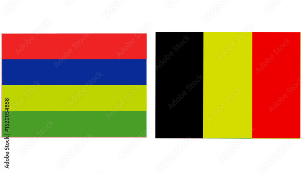 Obraz premium Mauritius Official flag with Belgium national flag, both countries flags in Rectangular shape and isolated on white background Horizontal colorful design Flag with together. Mauritius