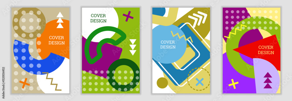 Bright background in Memphis style. Set of geometric cover designs. Fashionable bright cover, banner, poster, booklet. Bright colors. Vector Bright background in Memphis style. Set of geometric cover designs. Fashionable bright cover, banner, poster, booklet. Bright colors. Vector