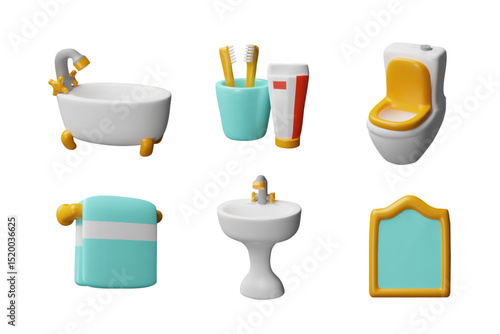 Bathroom hygiene accessories and interior equipment 3D vector set, bath, ceramic sink, toilet bowl, towel and mirror