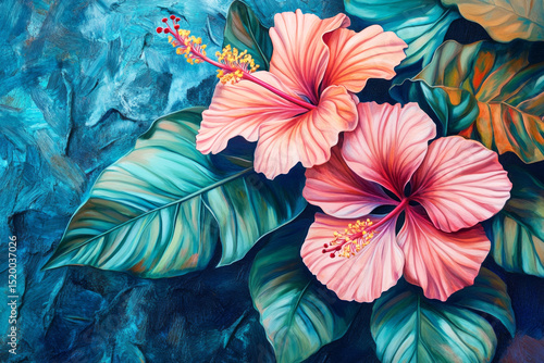 Beautiful tropical hibiscus flowers in peach and red hues are arranged with lush green Monstera leaves, set against a textured, vibrant blue background.