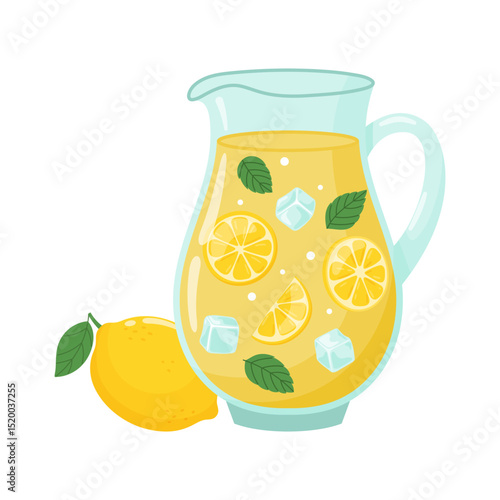 Homemade lemonade vector illustration. Bright flat style illustration with lemonade in a glass jug, glass and whole lemon