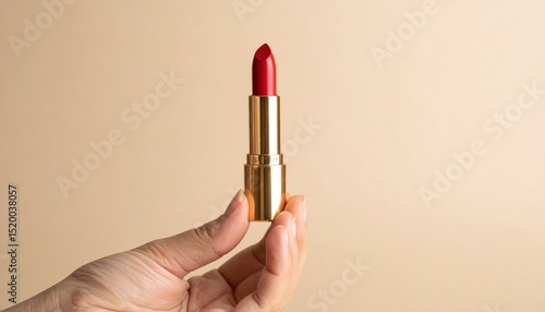 Mano de mujer sosteniendo un lápiz labial rojo sobre un fondo beige
