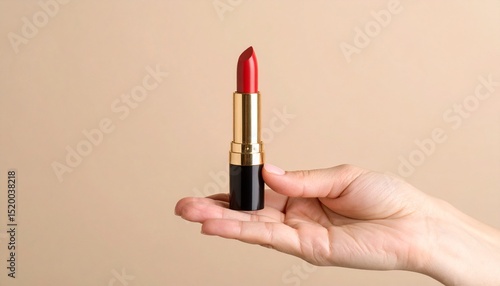 Mano de mujer sosteniendo un lápiz labial rojo sobre un fondo beige
