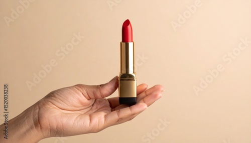Mano de mujer sosteniendo un lápiz labial rojo sobre un fondo beige
