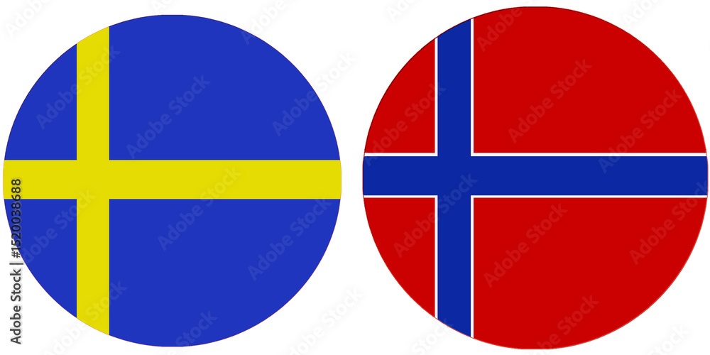Obraz premium Sweden Official flag with Norway national flag, both countries flags are in Round shape and isolated on white background, Circular colorful design Flag with together. Norway