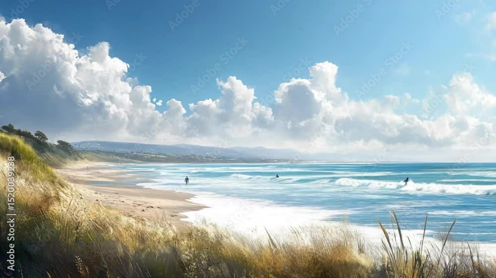 Beautiful Beach Scene with Surfers, Waves, Sand, Clouds and Nature Under a Bright Sky Beautiful Beach Scene with Surfers, Waves, Sand, Clouds and Nature Under a Bright Sky