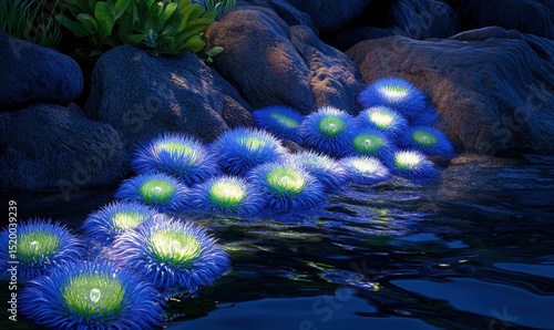 Illuminated blue flowers float on water at night, near rocks, garden design