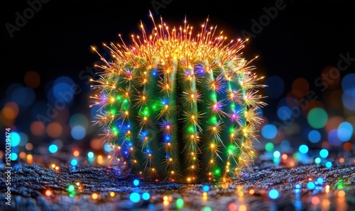 Illuminated cactus, festive lights, night scene, holiday decor, stock photo
