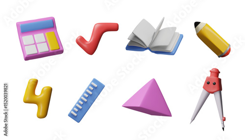 Mathematics, geometric and arithmetic education school supplies, calculator, book, ruler, divider, pencil 3D vector set