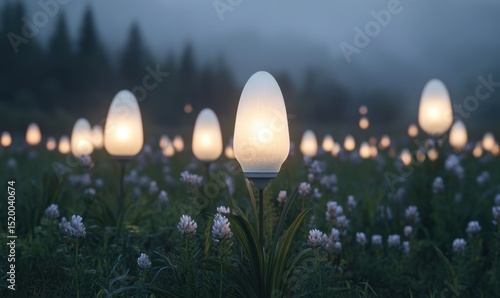 Illuminated field, glowing lamps, misty forest, night