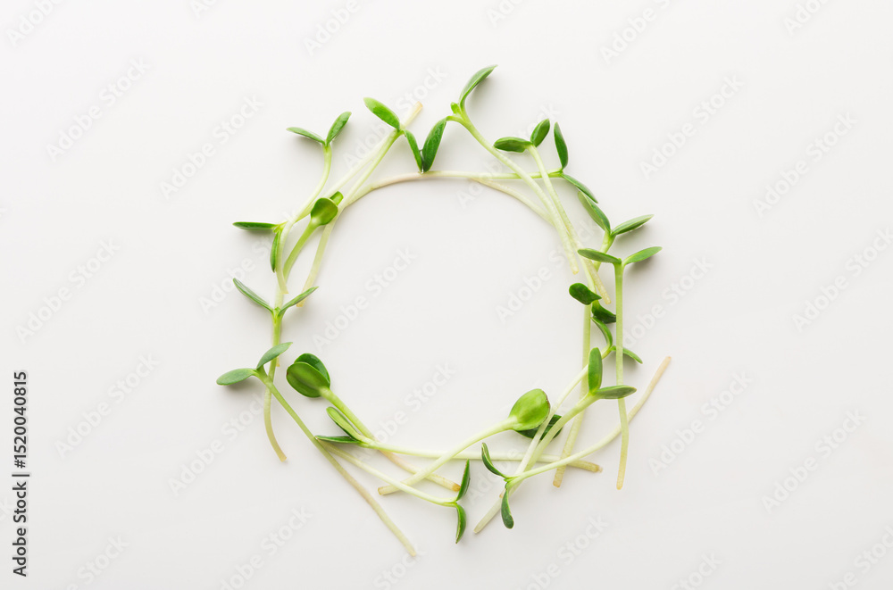 Tender arugula micro greens wreath isolated on white background. Eating right concept. Fresh garden produce organically grown as a symbol of health and vitamins from nature, top view, copy space Tender arugula micro greens wreath isolated on white background. Eating right concept. Fresh garden produce organically grown as a symbol of health and vitamins from nature, top view, copy space