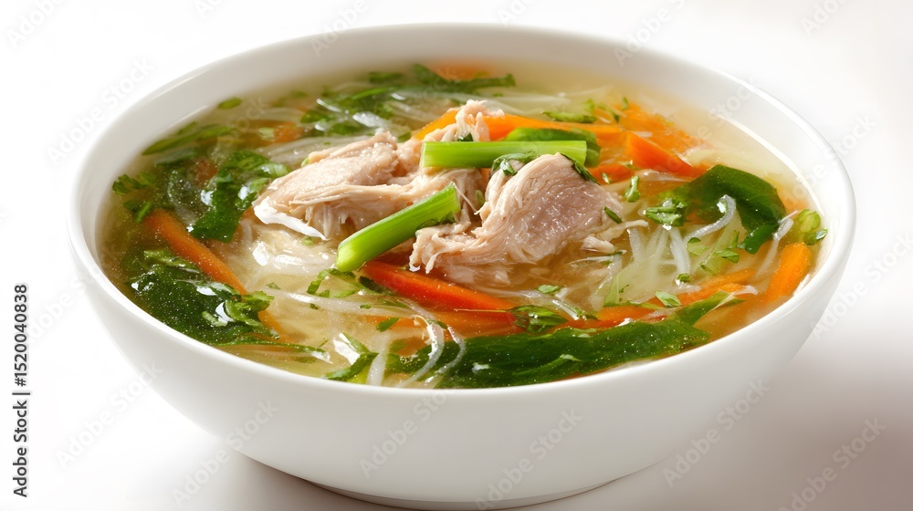 A mouthwatering bowl of pho soup with chicken and vibrant vegetables. A mouthwatering bowl of pho soup with chicken and vibrant vegetables.