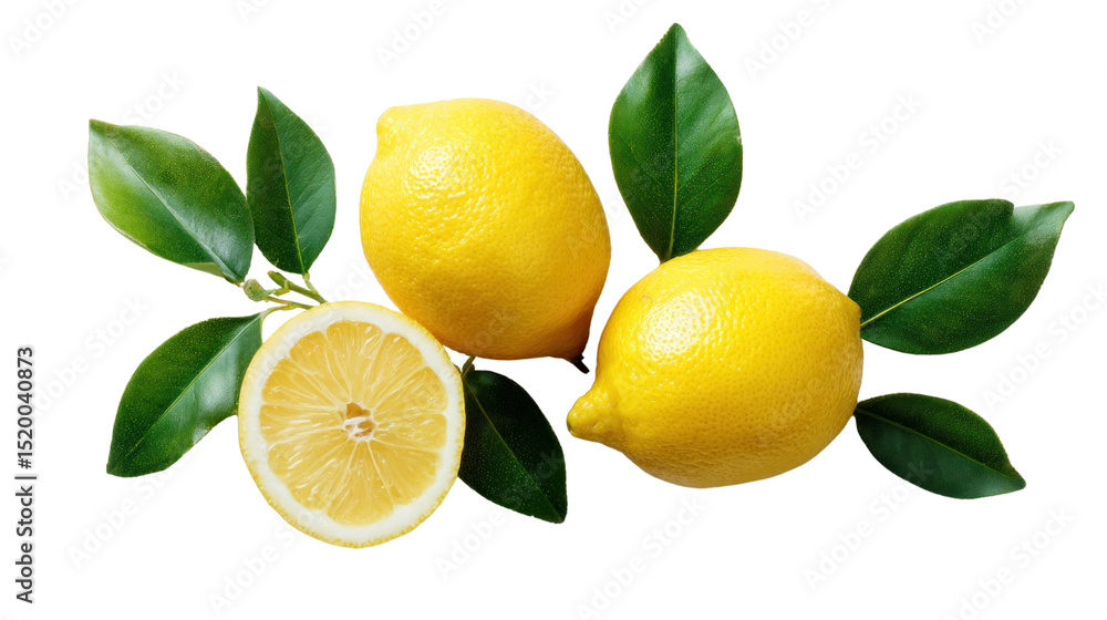 custom made wallpaper toronto digitalFresh Lemons with Leaves: Two whole lemons and a lemon half with vibrant yellow color and fresh green leaves, ideal for refreshing drink, food, or dessert images.
