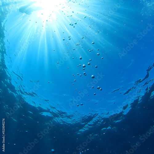 Fototapeta Naklejka Na Ścianę i Meble -  Looking Up at Ocean Surface from Underwater – Bubble Trails and Sunlight Beams for World Ocean Day