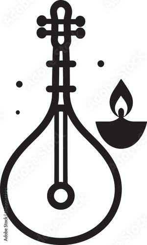 Black and white vector illustration of a veena instrument and oil lamp, symbolizing Indian culture, traditions, and festivities