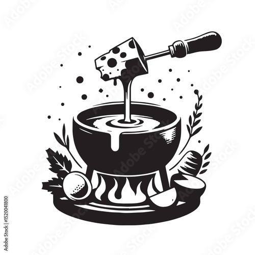 Black Cheese Fondue Silhouette Vector, High Quality Illustration on White Background