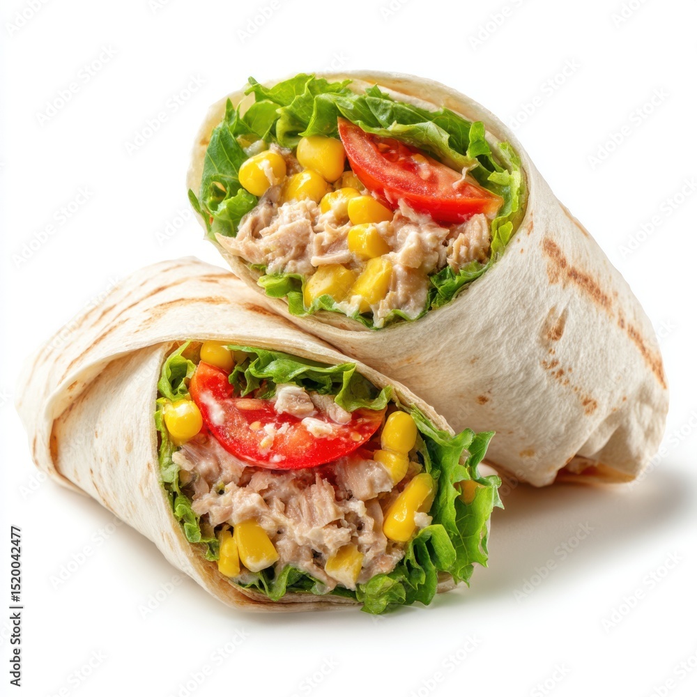 Delicious tuna salad wraps isolated on white background Delicious tuna salad wraps isolated on white background