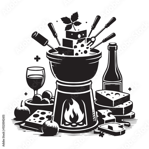 Black Cheese Fondue Silhouette Vector, High Quality Illustration on White Background