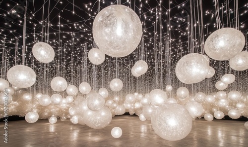 Illuminated spherical lights installation, indoor event space, glowing background, atmospheric ambiance, perfect for event promotion