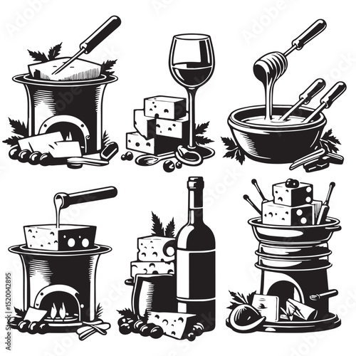Black Cheese Fondue Silhouette Vector, High Quality Illustration on White Background