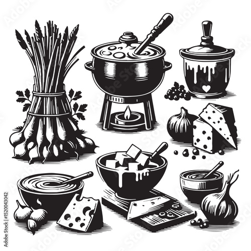 Black Cheese Fondue Silhouette Vector, High Quality Illustration on White Background