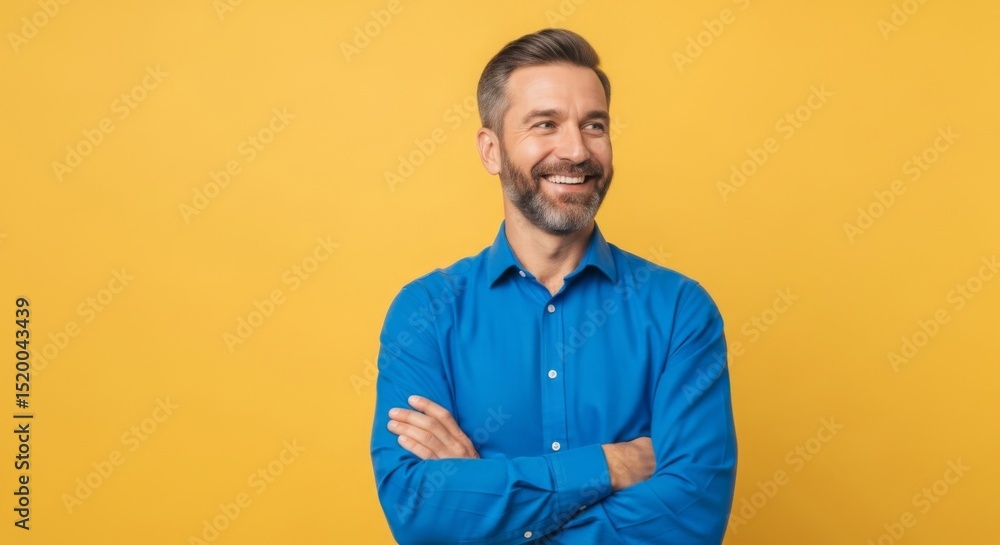 Fototapeta premium Confident smiling man in blue shirt on vibrant yellow background for professional branding