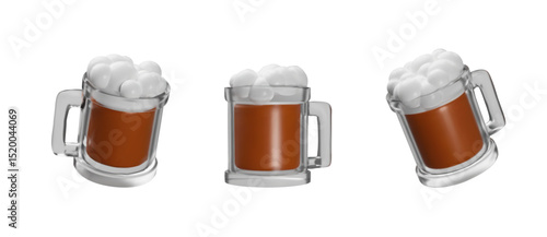 Beer mug with handle and foam 3D style vector icons set, glass with dark froth beer, projection from different sides