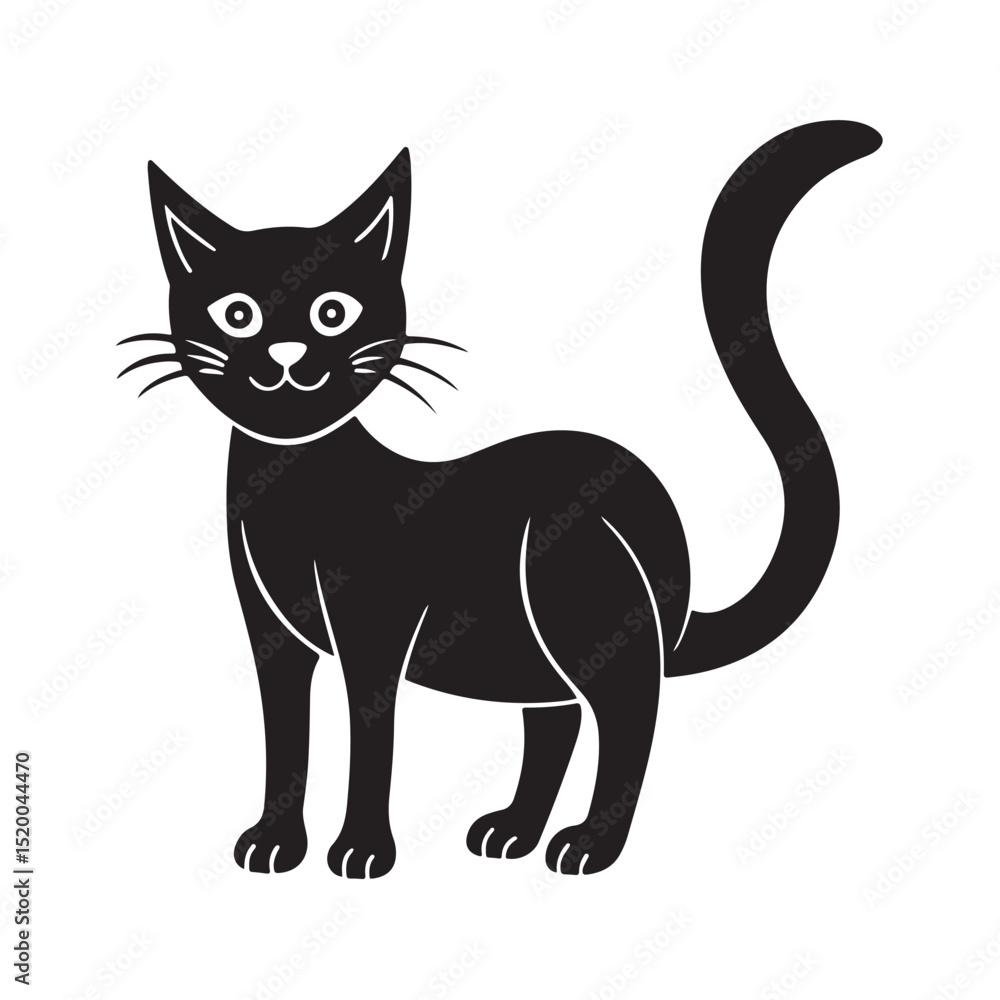 Happy Black Cartoon Cat Standing with Tail Curved Upward Playfully Happy Black Cartoon Cat Standing with Tail Curved Upward Playfully