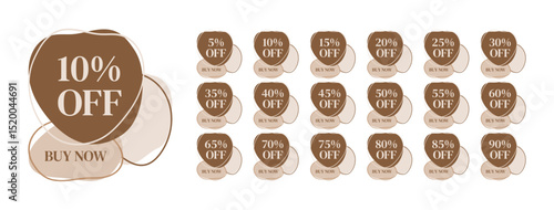 Vector set of brown discount badges with percentages from 5% to 90% off. Organically designed promotion labels with Buy Now text, perfect for online stores and marketing banners.