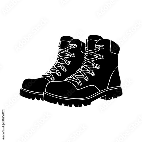 Bold black vector logo of hiking boots, detailed with laces and rugged soles.

