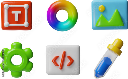 3D ui, ux user software and app interface vector set, gear, color wheel and pipette, text box, nature picture block