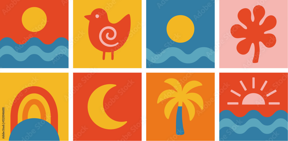 Fototapeta premium Colorful minimalist nature icons with sun, moon, and palm tree - A vibrant set of flat design summer icons, featuring sun, waves, and tropical elements, for travel and holiday themes