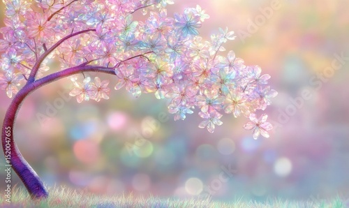 Pastel fantasy tree, spring bloom, whimsical garden, bokeh background, ideal for greeting cards