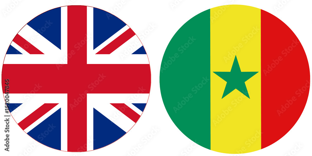Obraz premium United Kingdom Official flag with Senegal national flag, both countries flags Round shape and isolated on white background, Circular colorful design Flag with together. Senegalese